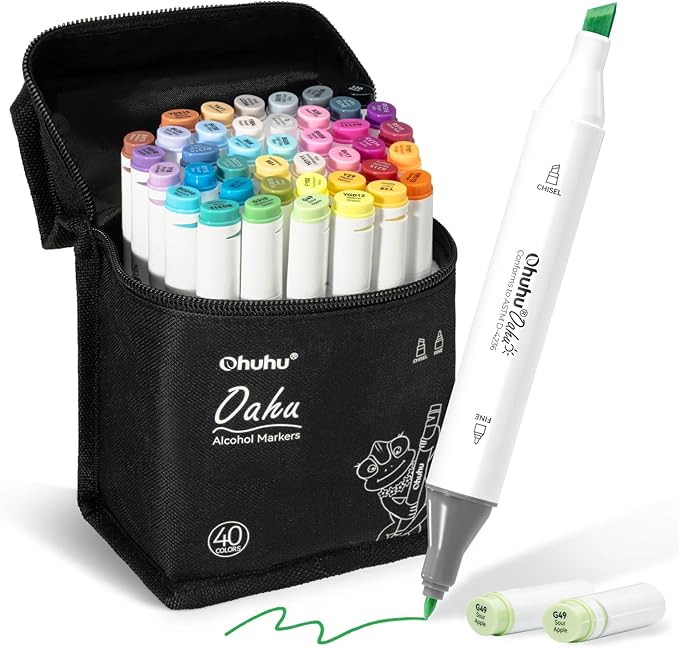 Ohuhu Alcohol Markers - AP Certificated Double Tipped Art Marker Set for Artists Adults Coloring Illustration -Refillable - 40 Colors - Chisel and Fine Dual Tips - Oahu of Ohuhu Markers