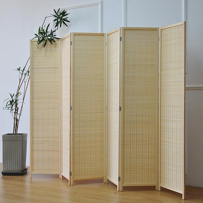 Furnnylane 6 Panel Bamboo Room Divider and Folding Panel Screen,Bamboo Panel Divider for Room Separation,Beige,67" H x 92.1" W