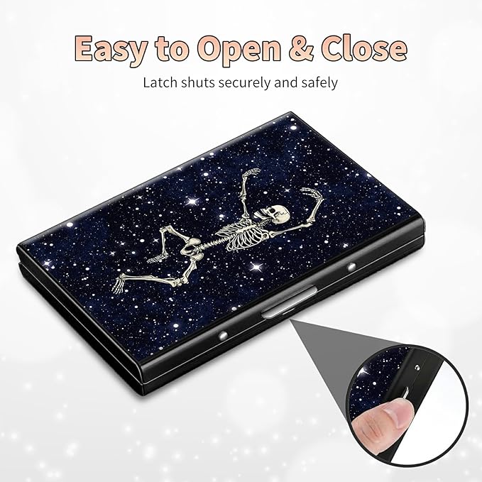 BWEGRHE Slim Credit Card Holder, Dance Skull Skeleton RFID Blocking Metal Wallet for Men & Women, Aluminum Minimalist Hard Case Pocket-Sized Business Cards Organizer (Fits Up to 10 Cards)