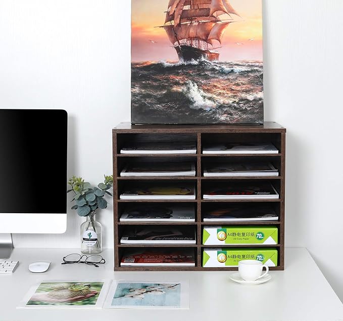 EasyPAG Wooden Literature Organizer with Adjustable Shelves, 12 Compartments Office Paper Organizer Storage 6000 Sheets Letter Size Paper, Student Mailbox for Classroom, Archaize
