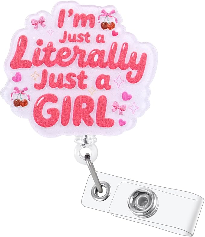I’m Literally Just a Girl Funny Badge Reel | Cute Bow Retractable ID Card Badge Holder | Work Badge Clip for RN LPN CNA MA ER Night Shift Nurse Nursing Student Doctor | Nurse Gifts | Alligator Clip