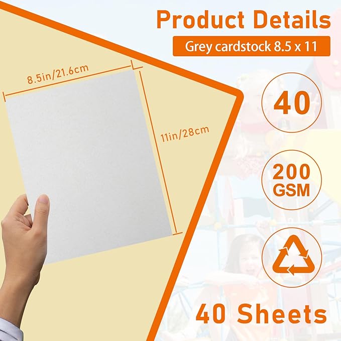 Guakicae 40 Sheets Grey Cardstock 8.5 x 11 Certificate Paper, 75lb Heavyweight Scrapbooking Paper Card Stock for Wedding Invitations, School Crafting, Memus, Business Cards, Graduations