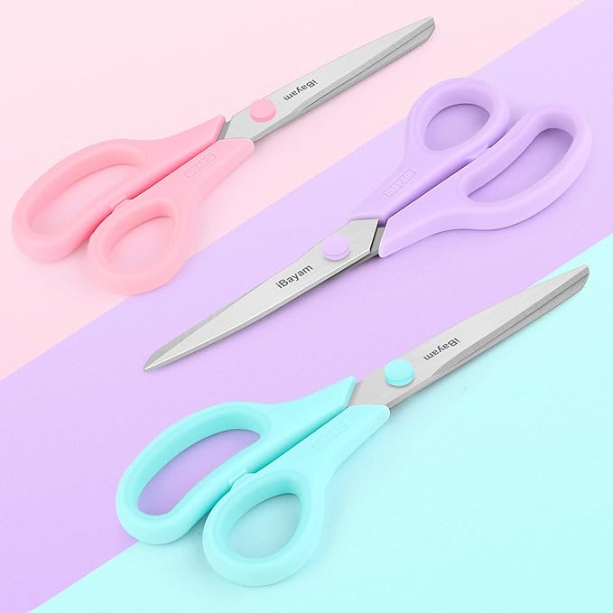 Scissors, iBayam 8" All Purpose Scissors Bulk 3-Pack, Ultra Sharp 2.5mm Thick Blade Shears Comfort-Grip for Aesthetic Fun Cute School Office Teacher Desk Crafts and Art Supplies Accessories Essential