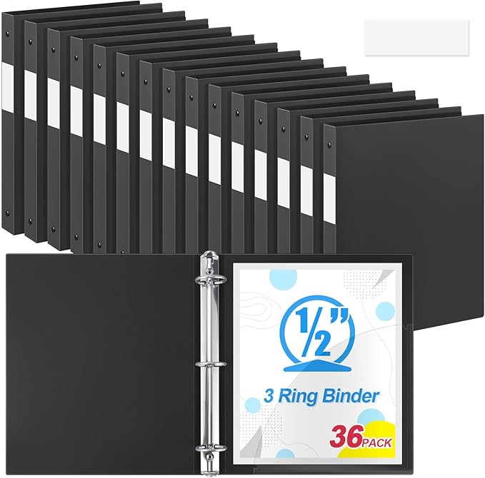 Henoyso 36 Pcs 3 Ring Binder 0.5 Inch Round Fits Letter Size 8.5'' x 11'' Paper Plastic Flexible Binder Bulk Holds 140 Sheets with 1 Pockets Versatile Organizer for Home Office School (Black)