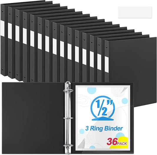 Henoyso 36 Pcs 3 Ring Binder 0.5 Inch Round Fits Letter Size 8.5'' x 11'' Paper Plastic Flexible Binder Bulk Holds 140 Sheets with 1 Pockets Versatile Organizer for Home Office School (Black)