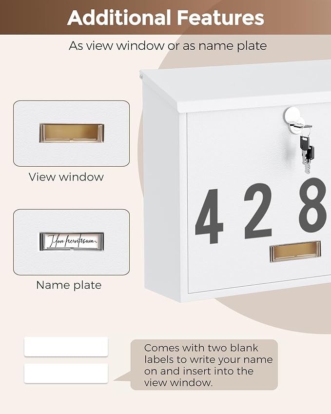 LAND·VOI Locking Wall-Mount Mailbox for Outside, with 4 Keys, Galvanized Steel Rustproof Metal Postbox, 4" Dx13.8 Wx11.2 H, Includes 3 Sets of Mailbox Numbers, Nameplate, White