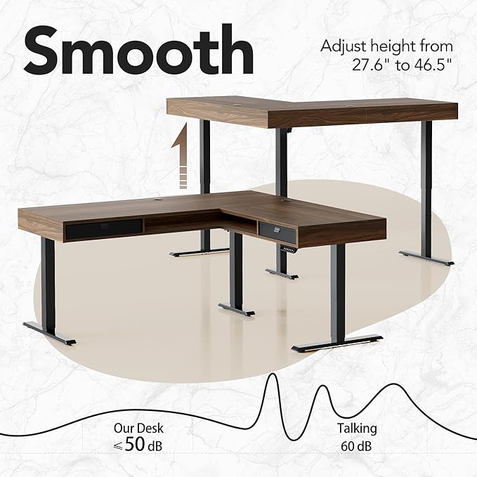 HUANUO Electric L Shaped Standing Desk, 63″x55″ Height Adjustable Corner Computer Desk with 2 Under Desk Drawers & Open Storage Sapce, Sit Stand Up Table with Power Strip Tray & Cable Grommets, Walnut