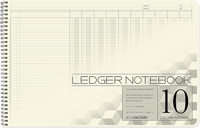 BookFactory Accounting Ledger Notebook/Large 10 Column Accounting Ledger Columnar (Ten Columns) Log Book - 17'' x 11'', 100 Pages, Wire-O Landscape Format (Made in USA)