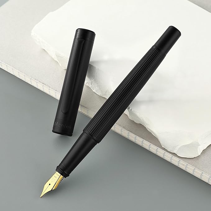MCNTEIK Matte Black Fountain Pen, Exquisite Vertical Grooving Design, Ink Converter, 18K Gilded Nib (Extra Fine), Fancy Gift Set for Men & Women, Office, Smooth Writing Calligraphy Pens