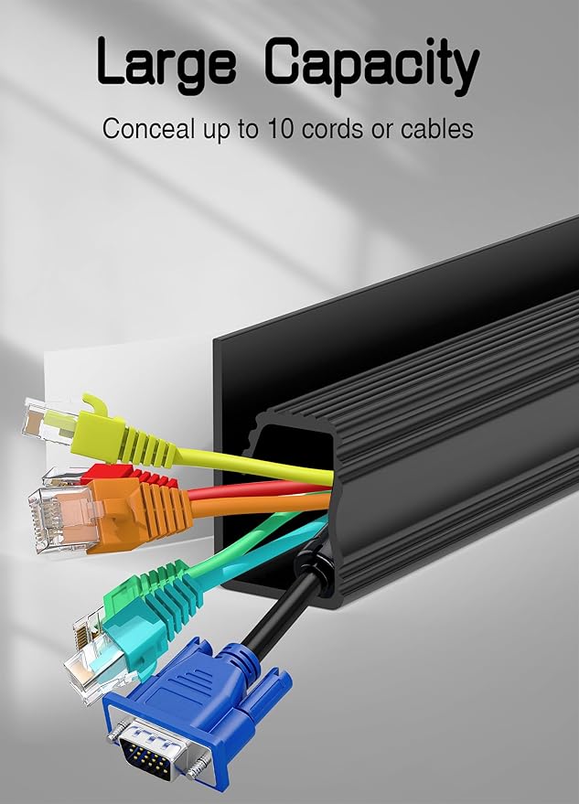 Under Desk Cable Management - Adhesive Cable Organizer for Home & Office, No-Drill Cord Management System, J Channel Cable Raceway for Desk, 6 Pack