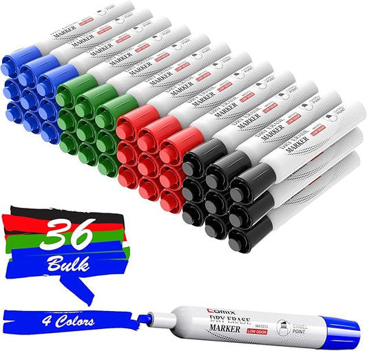 Comix Dry Erase Markers, Chisel Tip Whiteboard Markers, 36 Count 4 Assorted Colors Low Odor Markers for Classroom, Teachers, Office, School Supplies