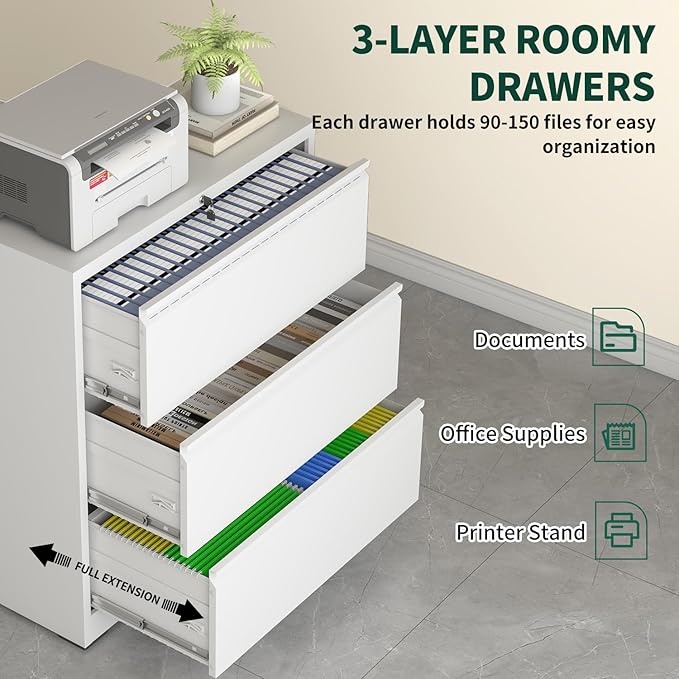 3 Drawer Lateral File Cabinet with Lock, Metal File Cabinets for Home Office, Office Furniture for Organization Hanging Legal/Letter/A4, Metal Filing Cabinet Storage Cabinet, Require Assembly, White