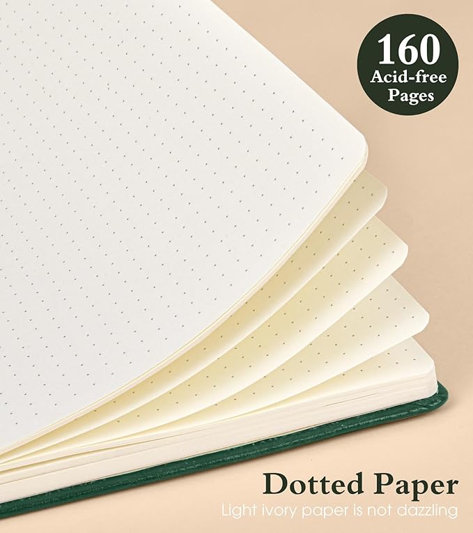PAIBAS Dotted Journal Notebook for Women Men, 160 Pages Dot Grid Journals for Writing, A5 Hardcover Vintage Leather Bullet Journaling Notebooks for School, Work, Travel, Note Taking 5.8"x8.5"(Green)