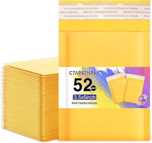 Ctarsthome 52Pack Yellow 3.5x5inch Kraft Bubble Mailers Small Business Mailing Packages Self-Sealing Paper Envelopes, Mailer Shipping Padded Envelopes with Strong Adhesion for Jewelry Makeup Supplies