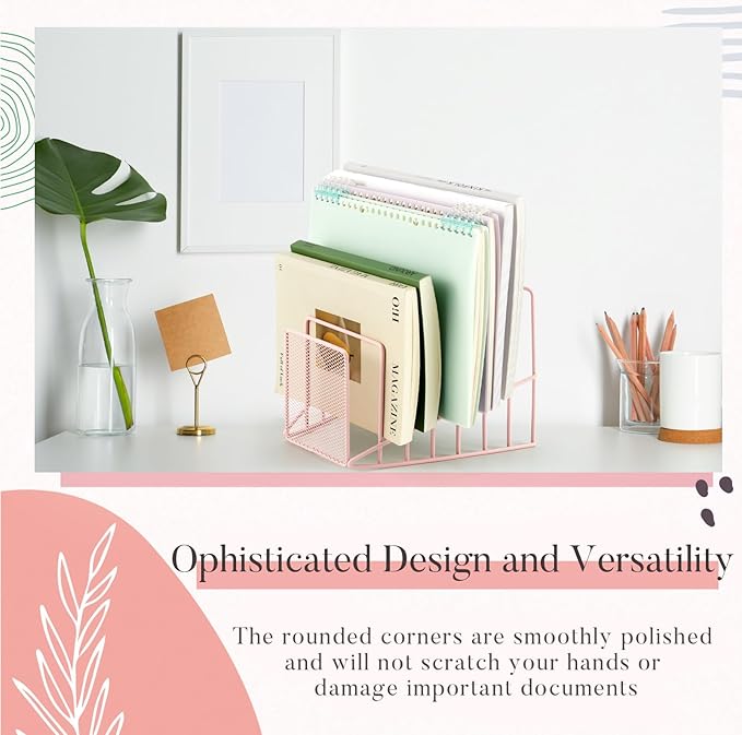 2 Pcs 7 Section Incline File Sorter Metal Wire Mesh File Rack for Desktop Letter Sorter for Magazine Folder Book Organizer Home Office School Paper Mail Desk Storage Holder (Pink)
