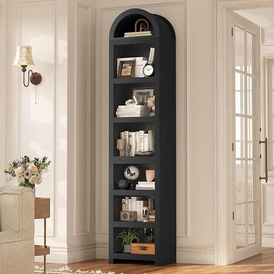 UPOSOJA 76" Tall Narrow Arched Bookcase,7-Teir Mid-Century Modern Bookshelf,Adjustable Shelves offering More Storage Space for Living Room,Kitchen,Home Office,Black