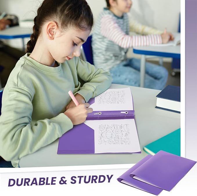 Lincia 100 Pcs Plastic Folders with Pockets and Prong Folders with Prongs 2 Pockets for Office, School for Students, Teachers, Office Workers(Purple)