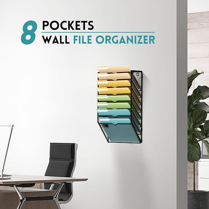 SUPEASY Wall File Organizer Mesh Office Mail Holder, Hanging Wall Organizer Magazine Rack for Office Black, 8 Tier