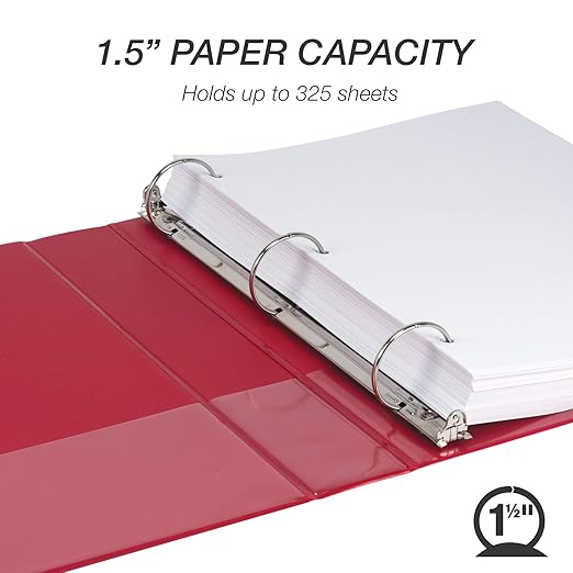 Samsill 1.5 Inch 3 Ring Binder, Made in USA, Economy Round Ring, Clear View Cover, 325 Sheet Capacity - for School, Home, Office - Ruby Red
