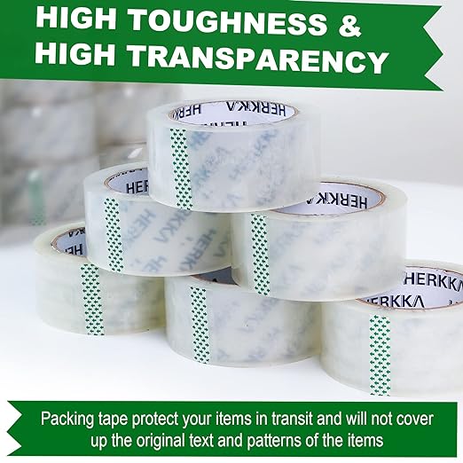 HERKKA Clear Packing Tape, 18 Rolls Heavy Duty Packaging Tape for Shipping Packaging Moving Sealing, 3Mil Thick Clear Packing Tape, 2 inches Wide, 65 Yards Per Roll, 1170 Total Yards
