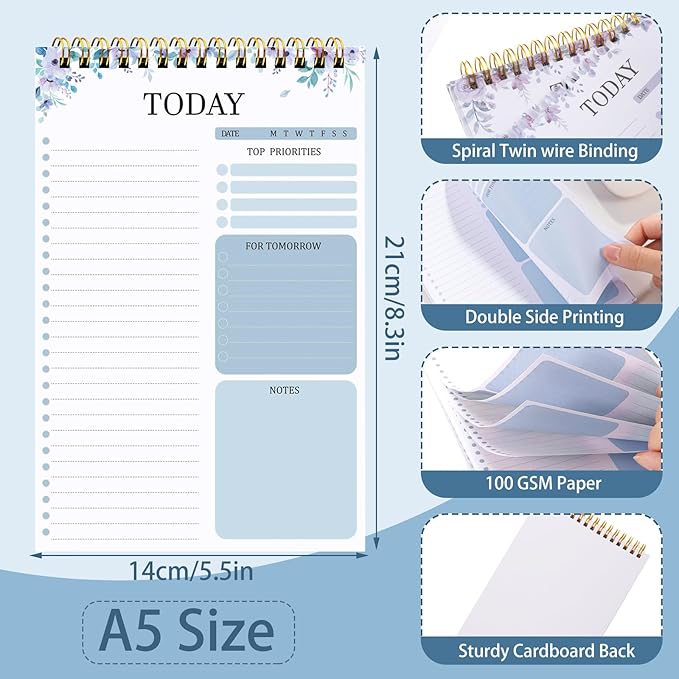 Thboxes 2 Packs To Do List Notepad, Totally 208 Pages To Do List Notebook A5 Undated Daily Planner Notepad with Transparent Cover and Task Checklist Home Office School Supplies, Purple & Blue