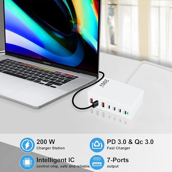 USB C Charger Block 200W 7 Port GaN Fast Charging Block Station, Multiport PD QC3.0 Brick Hub Compatible with Laptop MacBook Pro/Air, iPad, iPhone 17/16/15, Galaxy S23/22, DELL, Steam Deck(White)