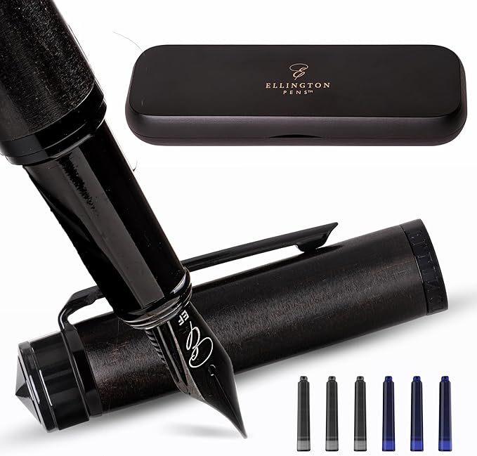 Ellington Pens Luxury Wood Fountain Pen Set – Extra Fine Nib - Includes 6 Ink Cartridges, Wooden Pen Gift Box, Ink Converter - Wood Pen For Writing, Calligraphy, Journaling, Drawing (Ebon Elegance)