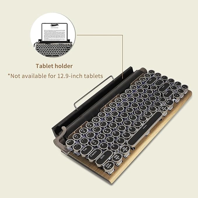 Adventurers Typewriter-Style Retro Mechanical Keyboard LED Backlight 83 Keys Bluetooth 5.0 Blue Axis Wood Color Panel Compatible with iOS/Android/Windows/Vista/Linux/Mac Office/Gaming, 12.8x6.6x1.6in