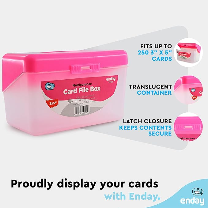 Enday Index Card Holder Pink, 3x5 Note Flash Card Organizer Case, Index Card File w/flip top, Notecard Recipe, Holder, Holds 250 Cards, Also Available in Purple, Red, Green, Blue, Grey (1 PC)