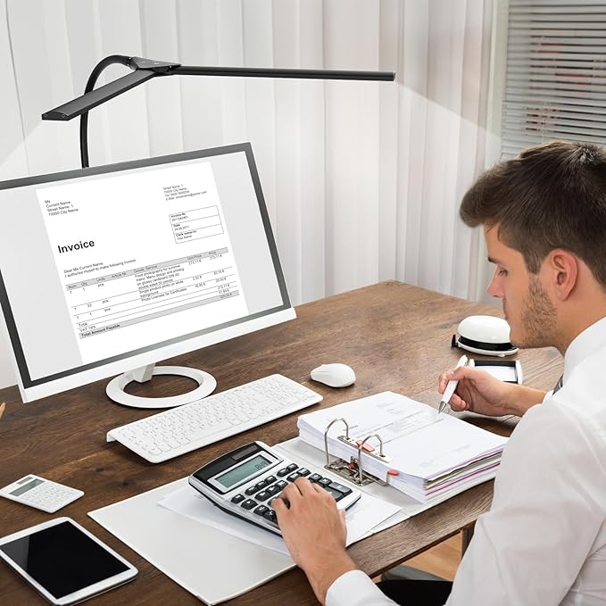 Hensam Desk Lamp for Home Office, Double Head Desk Light with Clamp, Dimmable 5 Color Modes Task Lighting, Eye-Caring Architect Table Lamp for Workbench, Dual Monitor, Study, 1400lm