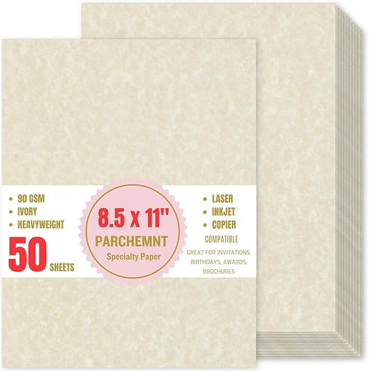 50 Sheets Parchment Resume Paper - 8.5 x11" Double-Sided Certificate Paper - 100 GSM Textured Stationary for Menus,Invitations,Resumes,Diplomas - Printing & Writing Friendly (Ivory)