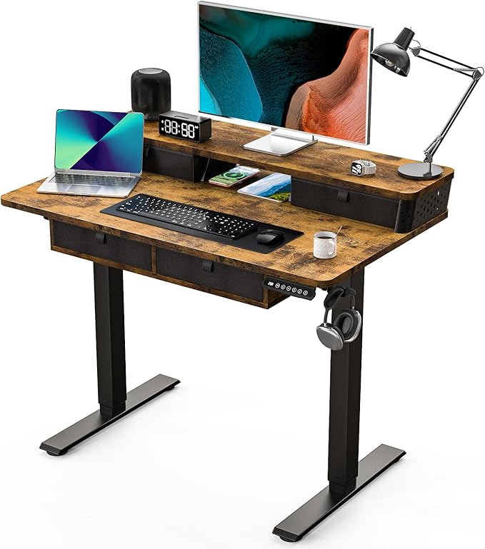 Kingant 40 x 24 Inch Electric Standing Desk with 4 Drawers, Height Adjustable Sit to Stand Computer Desk with Storage Shelf and C-Clamp Mount Compatibility for Home Office, Rustic Brown