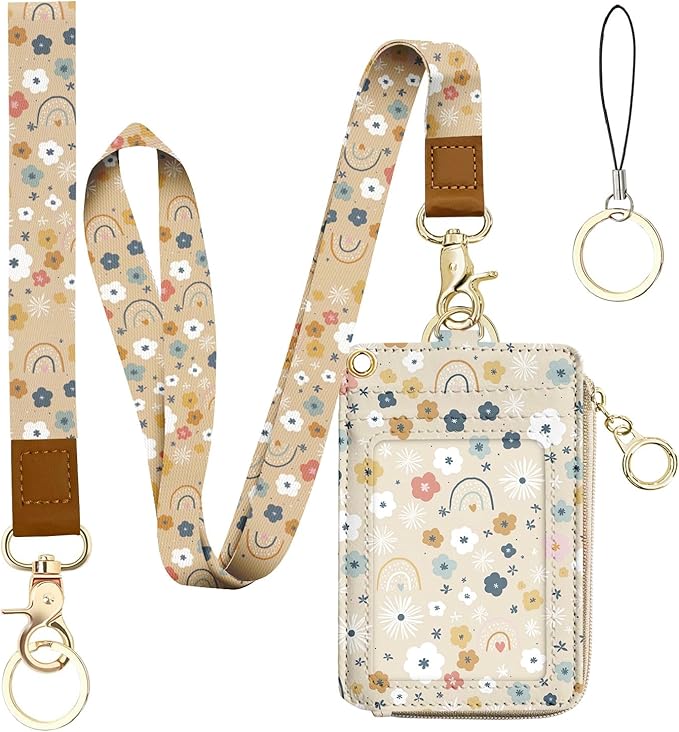 bolimoss Floral Lanyard Wallet & ID Badge Holder 2-in-1, Cute Women Badge Holder with Lanyards, Leather ID Badges Holder for Nurse Teacher Student Office（Flowers Rainbows）