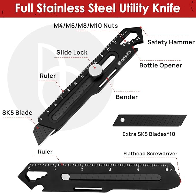 BIBURY 2 Pack Utility Knife, Heave Duty Full Stainless Steel Retractable Box Cutter with 10PCS replaceable Blades (18mm Wide), Multi-functional Extended Razor Knife for Office, Home, School Black