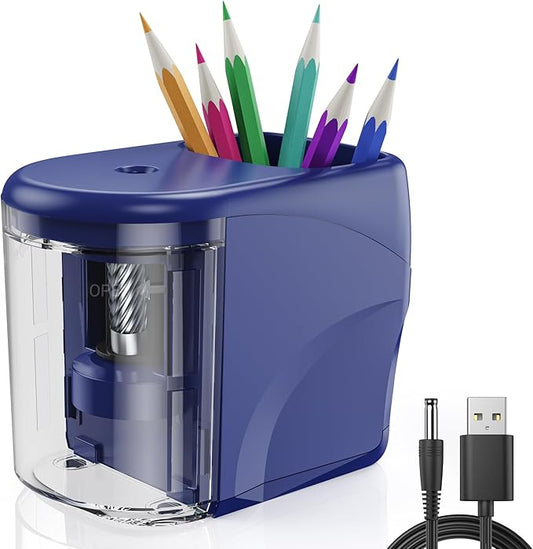Electric Pencil Sharpener Heavy-Duty Helical Blade Sharpener USB/Battery Operated for No.2/ (6-8mm) Pencils with Auto Stop & Cleaning Brush in School/Classroom/Office (Blue no Adapter)