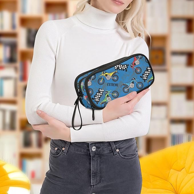BOENLE Colorful Motorcycle Pencil Case Box Boys Girls Large Pencil Pouch with Zipper Compartments Big Capacity Stationery Pen Bag Organizer for Kids Teens Adults School