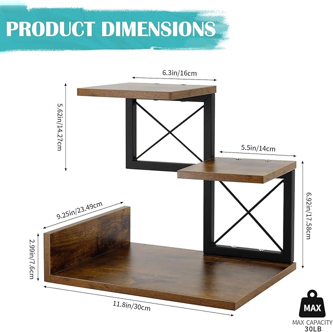 Jolitac Wood Desktop Shelf, Desktop Organizer Office Storage Rack Adjustable Wood Display Shelf 3 Tier Storage Display Rack Office Decor Stand Shelves with Metal Frame (Brown)