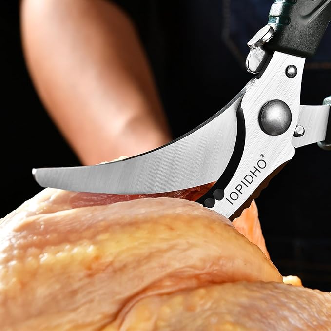 IOPIDHO Heavy Duty Poultry Shears, Kitchen Shears with Non-Slip Handle & Safety Lock, All Purpose Kitchen Scissors for Chicken, Meat Cutting, Turkey, Fish, Vegetables, Spring Loaded, Dishwasher Safe