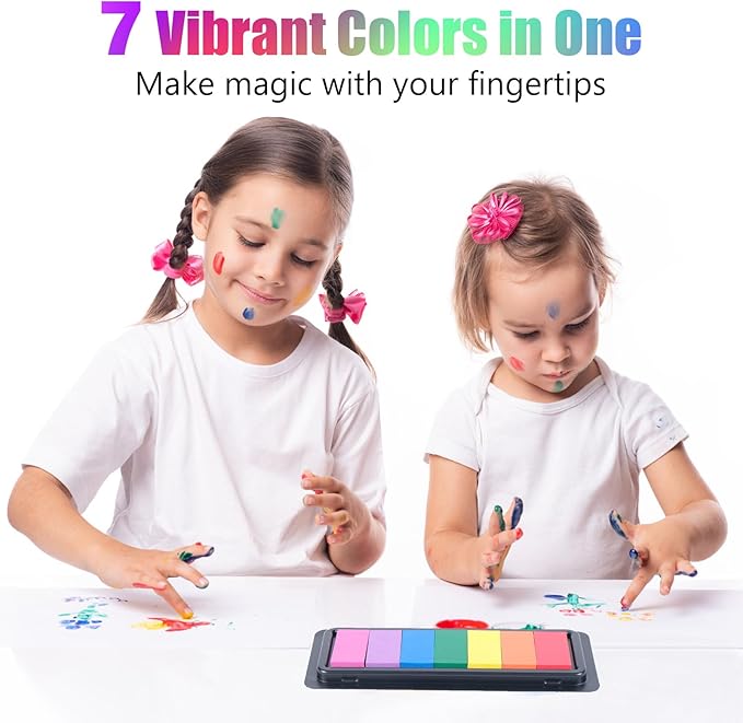 CraftyManor 7 Rainbow Colors Washable Stamp Pad Finger Paint, Latex Foam Washable Finger Print Ink Pads for Clothing Stamp, Letter Stamps…(1PCS)