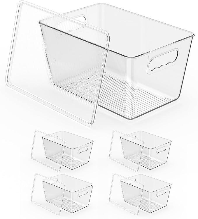 KJIXYUNG 4 Pack Clear Stackable Storage Bins with Lids, Large Plastic Pantry Organizers and Storage Containers for Kitchen Cabinet, Fridge, Closet, Bathroom - BPA-Free Home Organization Must Haves