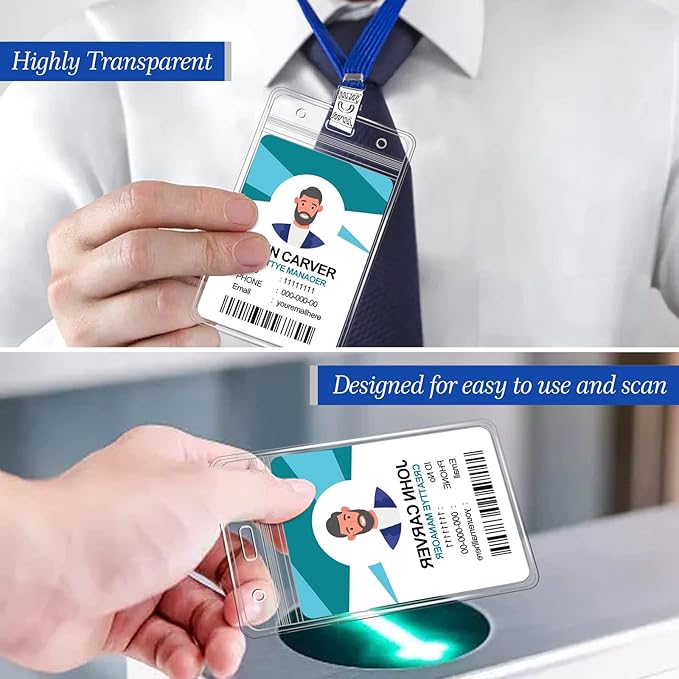 100 Pcs Clear Vertical Badge Id Card and 100 Pcs Lanyard, Reusable Lanyards for Id Badge Holder Name Tag Badge Holder with Lanyards for Adults Kids Business School Conferences (Blue)