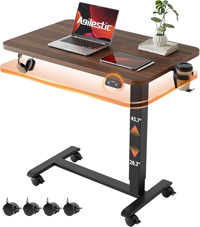 Agilestic Portable Standing Desk Height Adjustable, Mobile Table with Wheels, Small Size Sit Stand Table for Laptops, Rolling Desk for Home, 26" x 15.7"Computer Workstation, Dark Walnut