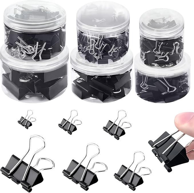 208 PCS Binder Clips Assorted Sizes – 0.6"-2" Black Metal Paper Clamps, Micro and Mini/Small/Medium/Large/Extra Large Binder Clips Set, Canned Office Supplies for Home/School