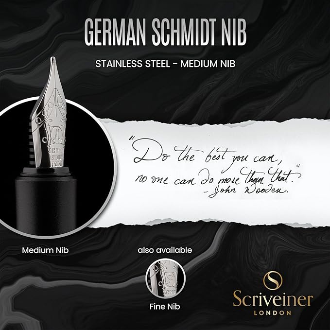 Scriveiner Luxury Fountain Pen - Medium Matt Black With Chrome Finish, Schmidt German Nib, Converter - Best Writing Gift Set for Men & Women - Fancy Office Designer EDC Pocket Pen