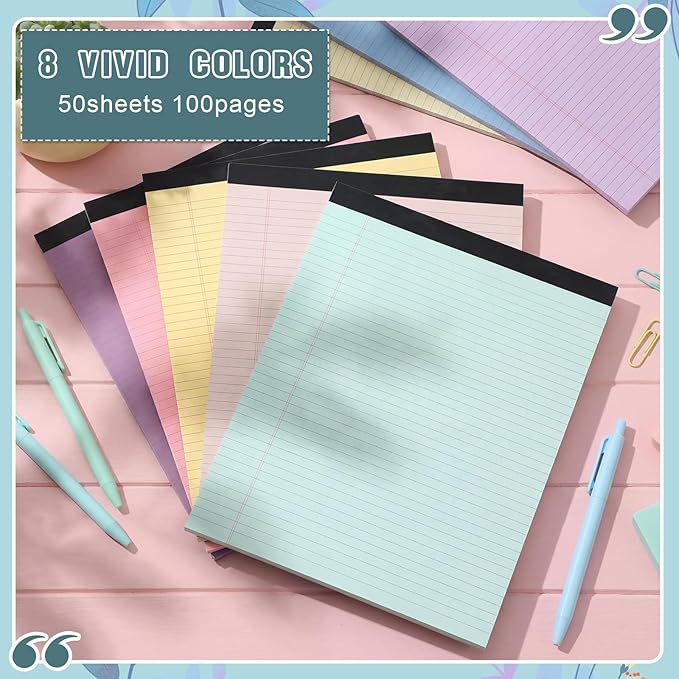 Fuutreo 8 Pcs 8.5'' x 11'' Colored Legal Pad Writing Pads Narrow Ruled 50 Sheets Per Notepad Perforated Writing Notepad Office Supplies for College Office Business (Childlike Color)