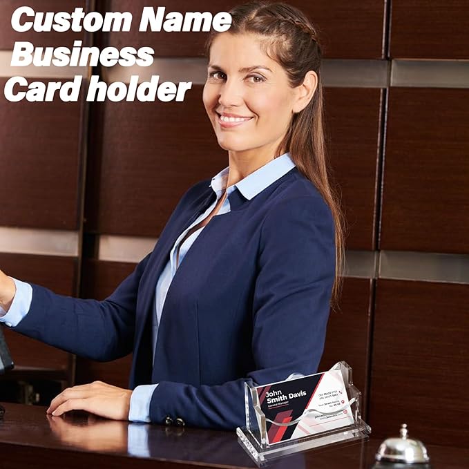 HJX Custom Business Card Holder Desk-Personalized Engraved Wooden Business Card Case Holder, Customized Name Logo Business Card Display Gifts for Men Women (Acrylic-Horizontal)