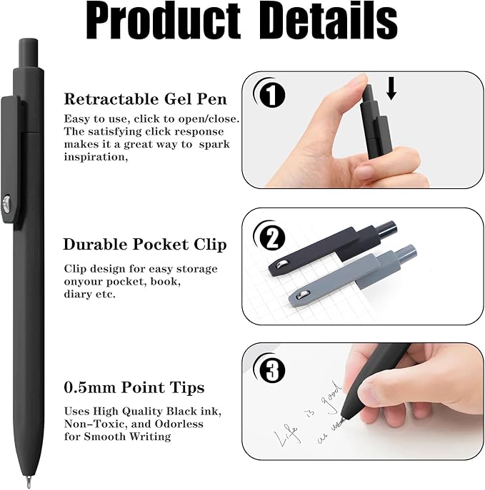 Piochoo Gel Pens, 8Pcs Quick Dry Black Ink Soft Touch Best Pen for Smooth Writing Journaling, Note Taking, School Supplies, Cute Office Pens for Men Nurse Aesthetic