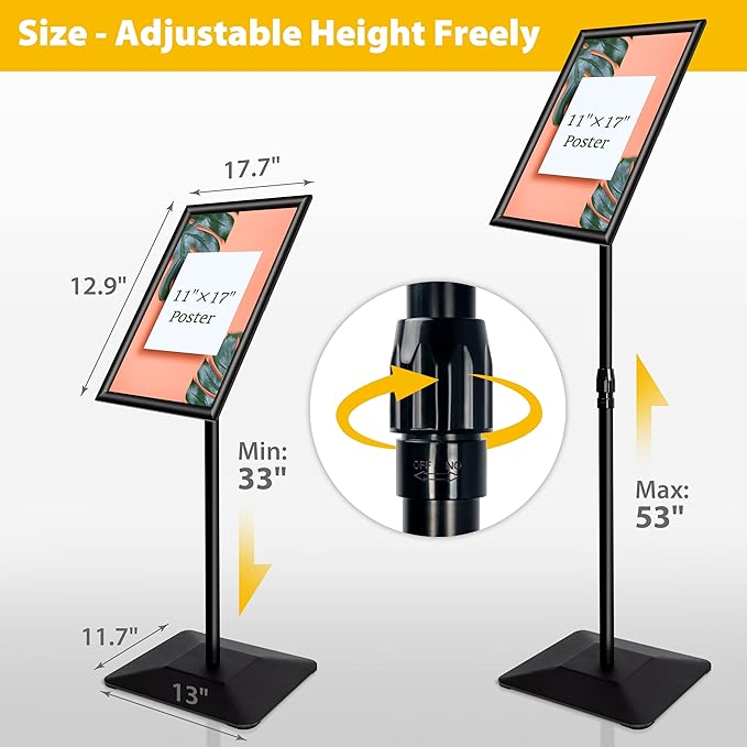 VAIIGO 3 Packs Heavy Duty Pedestal Poster Sign Stand, 11"x17" Adjustable Floor Standing Sign Holder with 6.6Lbs Solid Steel Base for Vertical and Horizontal View Sign Displayed Stands, Black