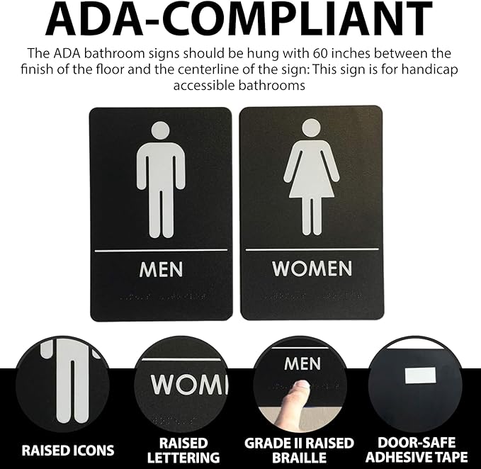 USA Made - Men's and Women's Restroom Signs ADA-Compliant Bathroom Door Signs for Offices, Businesses, and Restaurants, Black
