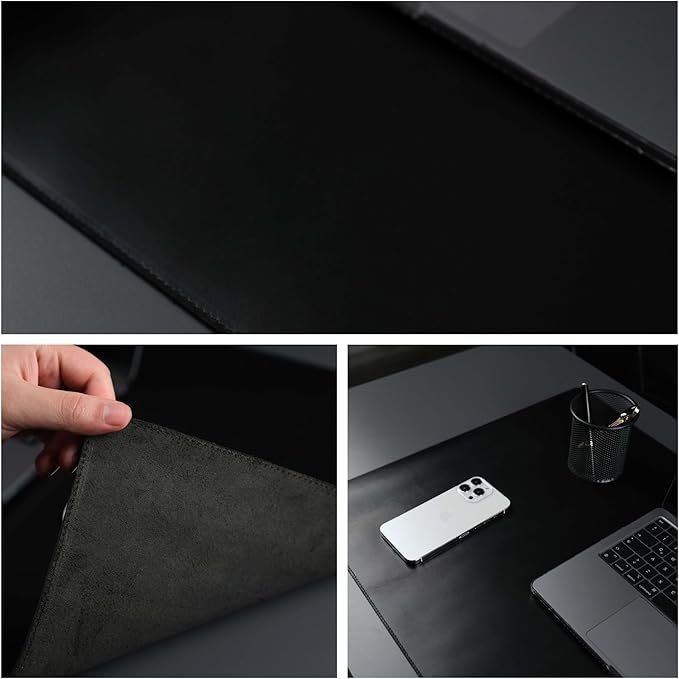 TORONATA Jersey Genuine Calfskin Leather Desk Pad, Office Desk Mat with Non-Slip Bottom, Smooth Surface for Mouse & Keyboard, Desk Protector (36x19 inches) (Black)